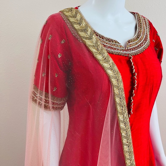 Red Anarkali gown or dress with dupatta and matching bottom - Picture 7 of 13
